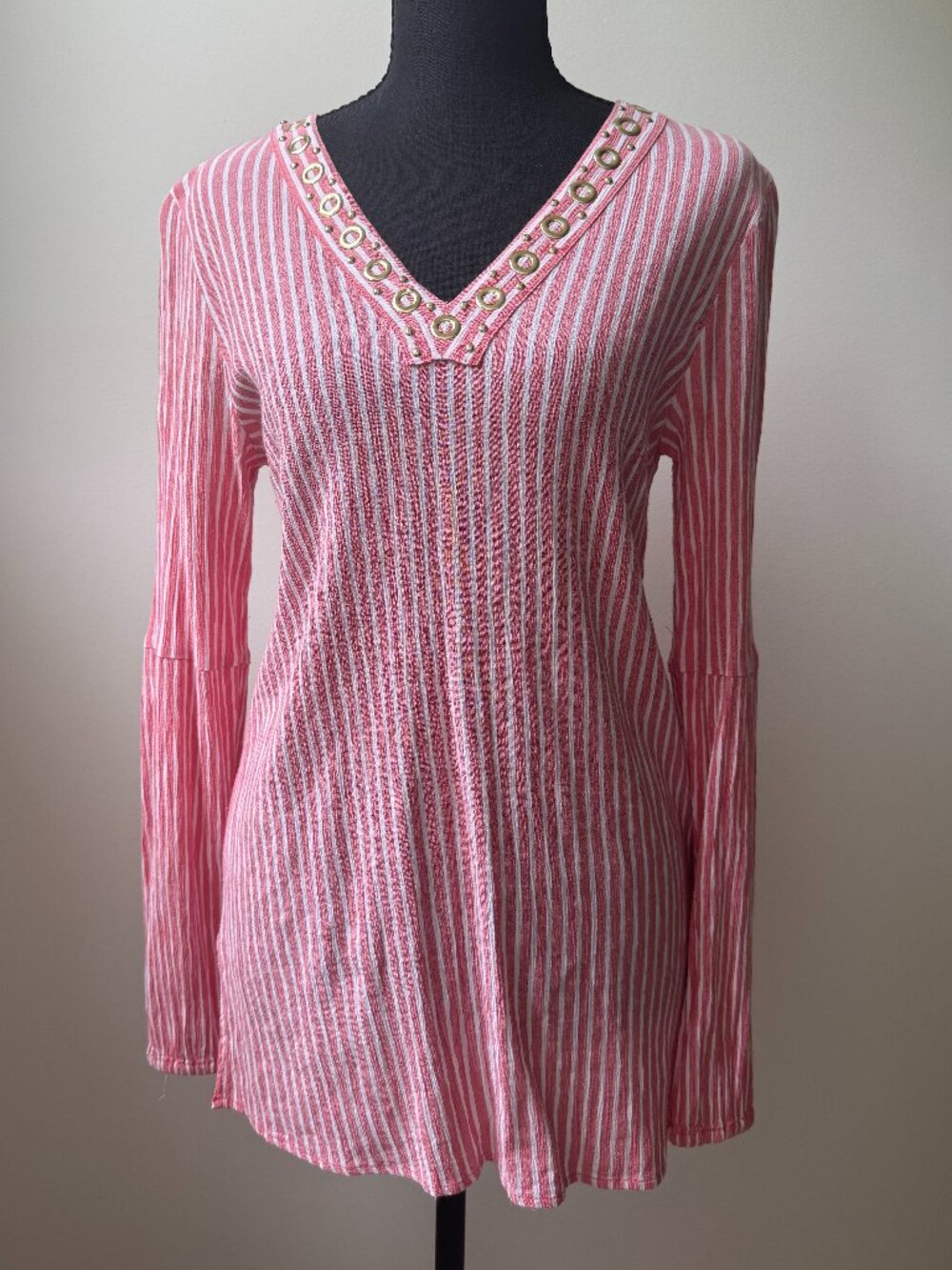 MICHAEL Michael Kors Size S Coral Pink Striped Grommet V-Neck Tunic Blouse